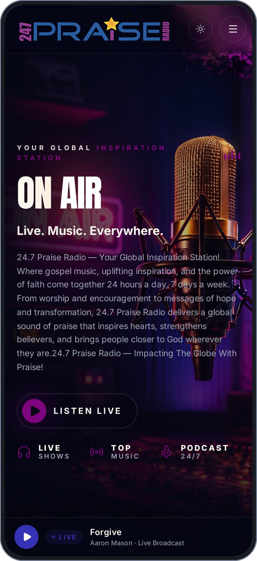 24.7PraiseRadio running on an Android phone