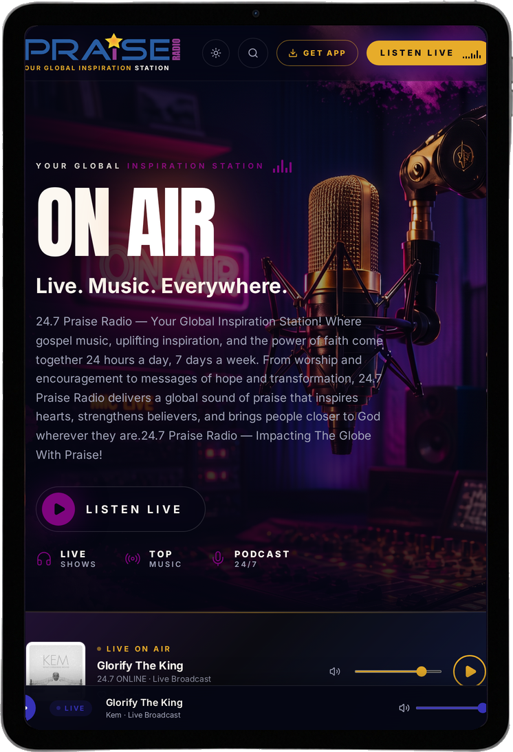 24.7PraiseRadio running on a tablet